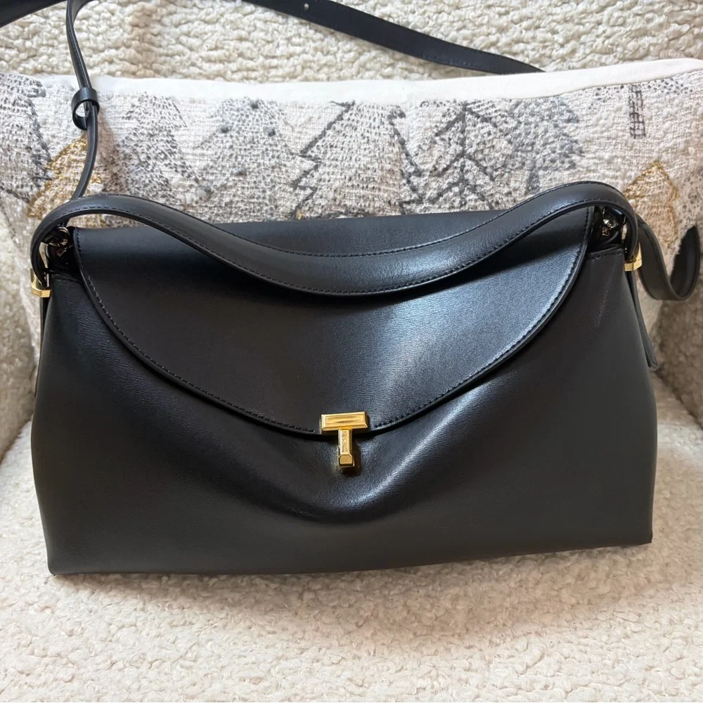 Toteme Black Leather T-Lock Shoulder Bag with Gold Hardware, with top handle